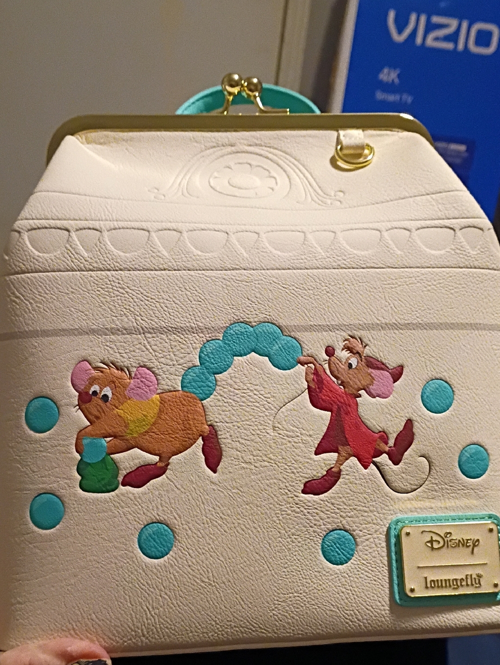 Loungefly Cream Cinderella Gus & Jaq Kiss-Lock Crossbody with Teal Accents